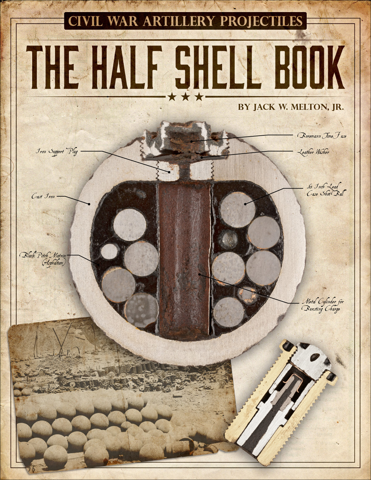Civil War Artillery Projectiles – The Half Shell Book by Jack W. Melton Jr., front cover showing a sectioned spherical case shot